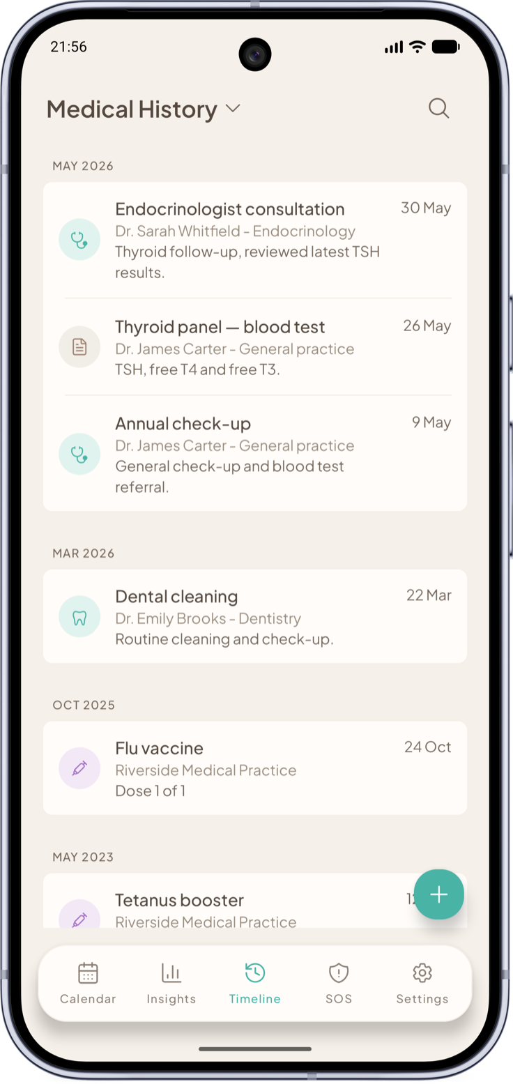 Vitae app — medical history timeline